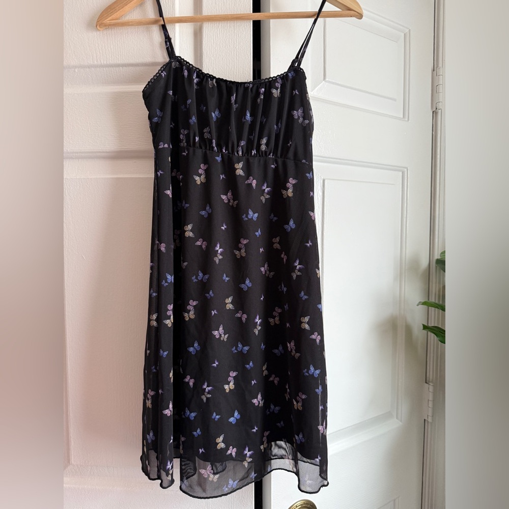 Aeropostale Black Butterfly Scoop Neck Mesh Slip Dress Sz XS Y2K Fairycore Goth